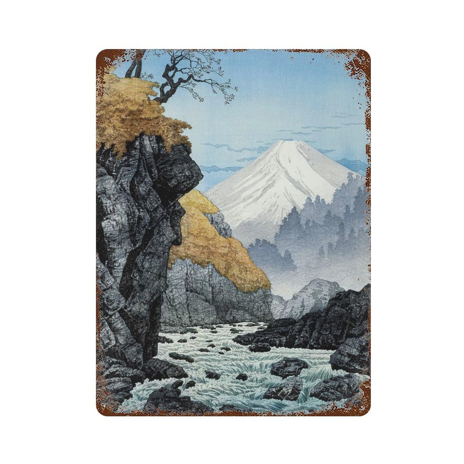 Mount Fuji Landscape Aged Metal Wall Plaque 15.7"x11.8", Industrial Home Decor for Pub, Kitchen And Man Cave Decor