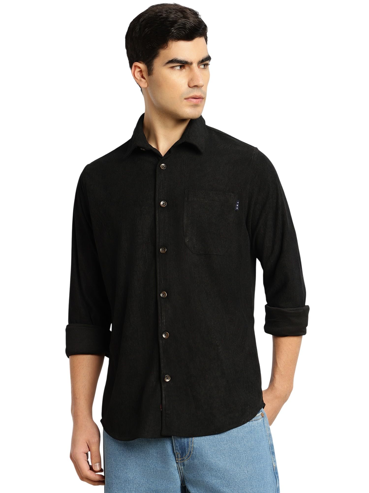 Thomas Scott Men’s Relaxed Fit Corduroy Casual Shirt | Long Sleeves, Spread Collar | Soft Polyester Fabric (TS1636_Black