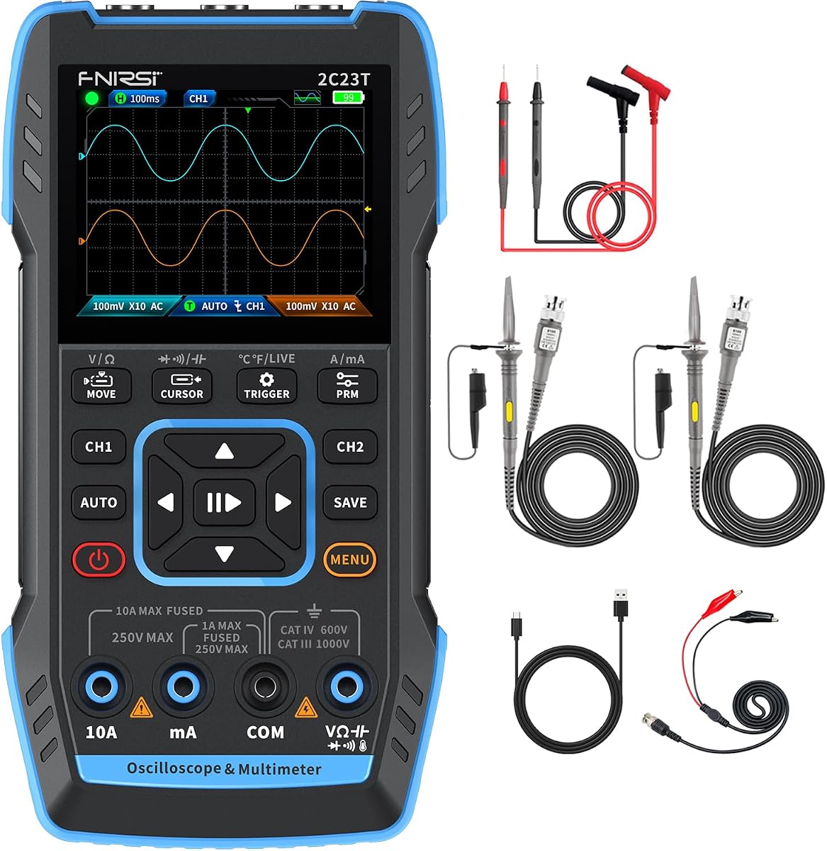 2C23T Plus 3 en 1 Osciloscopio Multímetro DDS Generador de Señal 10MHz | Osciloscopio portátil de 2 canales, muestreo de 50 MSa/s, multímetro TRMS de 9999 recuentos, medición automática para electrónica automotriz y de bricolaje
