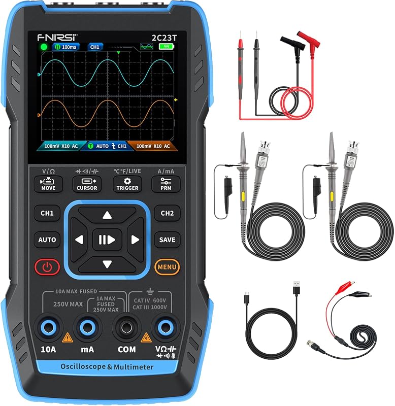 2C23T Plus 3 en 1 Osciloscopio Multímetro DDS Generador de Señal 10MHz | Osciloscopio portátil de 2 canales, muestreo de 50 MSa/s, multímetro TRMS de 9999 recuentos, medición automática para electrónica automotriz y de bricolaje