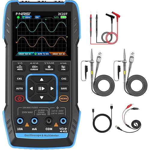 FNIRSI 2C23T Digital Oscilloscope Multimeter DDS Generator 3 in 1, 2 Channels, 10MHz Bandwidth, 50MSa/s Sampling Rate, 10000 Counts, Voltage, Current, Capacitor, Resistor, Diode Test