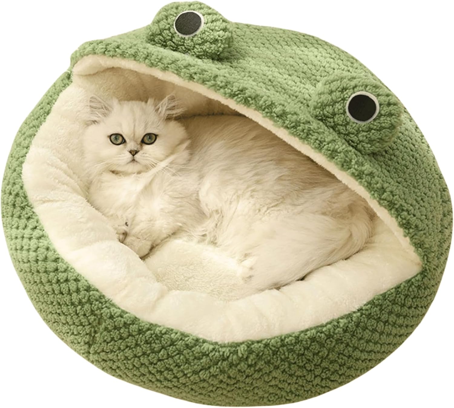 Cute Frog Hooded Cat Bed with Non-Slip Bottom, Covered Round Fluffy Frogs Cave Green, Semi-Closed Pet Mat for Cats and Small Dogs (Large)