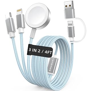 Upgraded Blue 3 in 2 USB C Cable for Apple Watch Charger USB C Multi iPhone Charger Cable Compatible with iWatch Ultra/SE/11/10/9/8/7/6/5/4/3/2/1 & iPhone 17/16/15/14/13/12/11/Galaxy S23-4FT - Amazon product rated Grade A