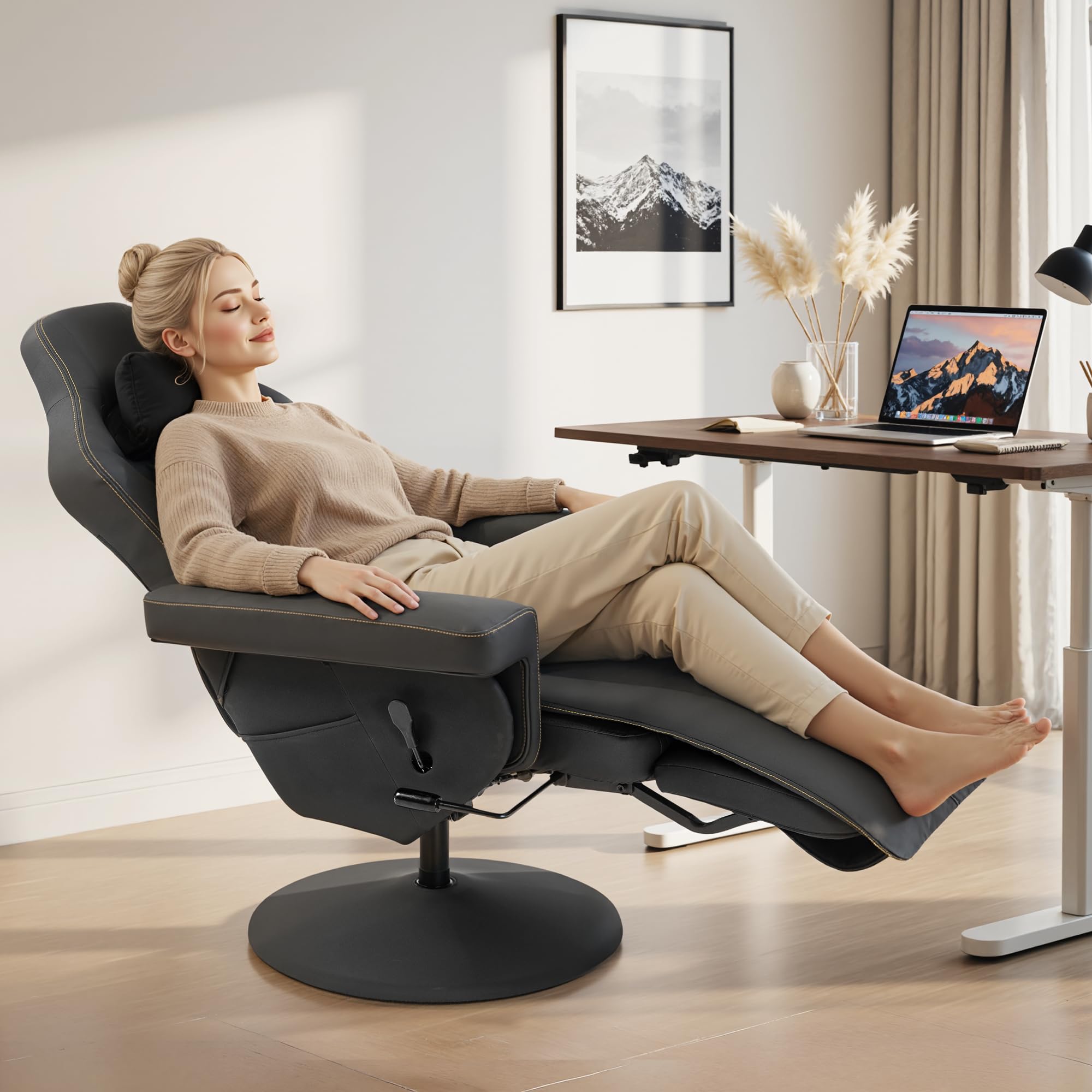 Dowinx Poltrona relax da gaming con funzione massaggio Shiatsu, poltrona TV con funzione reclinabile 90°-135° e poggiapiedi, sedia da gaming girevole a 360°, senza ruote, portabicchieri, tasche