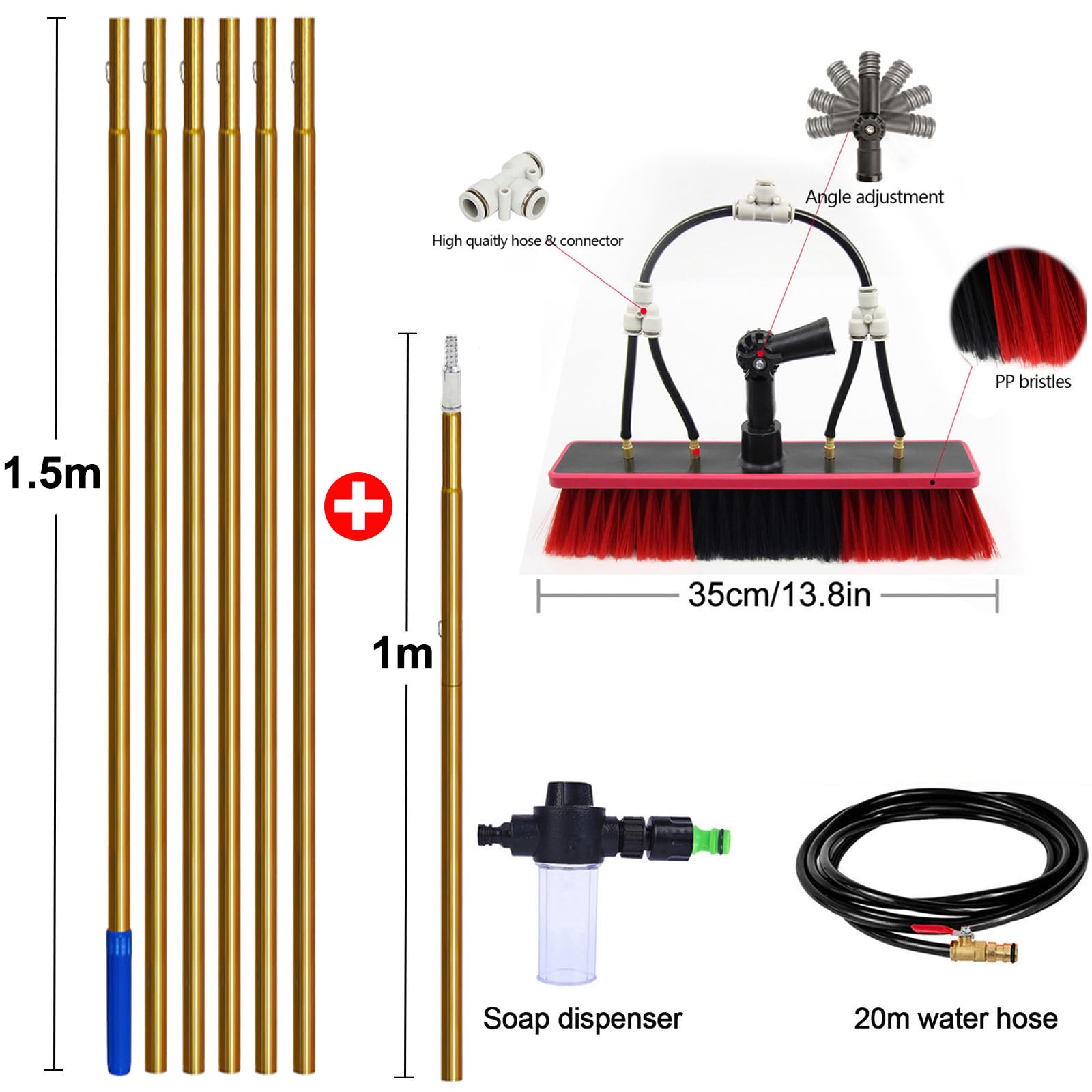 Kit de limpieza de ventanas de 15 m, panel solar y limpiador de techo Conserva con dispensador de jabón, manguera de 20 m, poste de aluminio ligero y cepillo de 55 cm para una limpieza fácil y sin