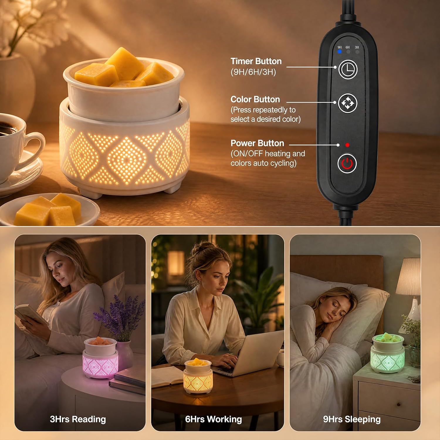 Bobolyn Wax Melt Burner with Timer Ceramic Electric 4-in-1 Candle Warmer Lamp with 7-Color LED Light Auto Shutoff Fragrance Oil Burner for Scented Wax Candle Jar Home Office Bedroom Decor Gifts