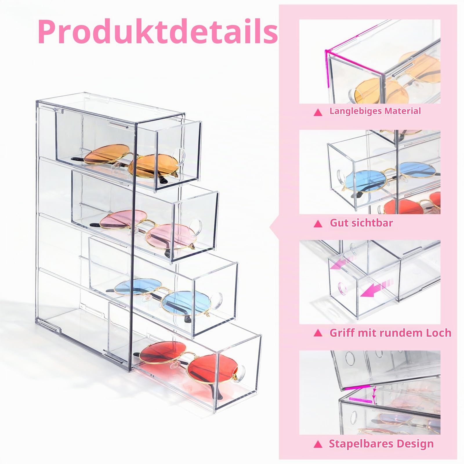 3x Schreibtisch-Organizer, Aufbewahrungsbox für Schreibwaren, Mark | Schubladenkasten mit 12 Herausnehmbarer Schublade, Schubladenorganizer Stapelbar Büro Schreibtisch Organizer Transparent-grau