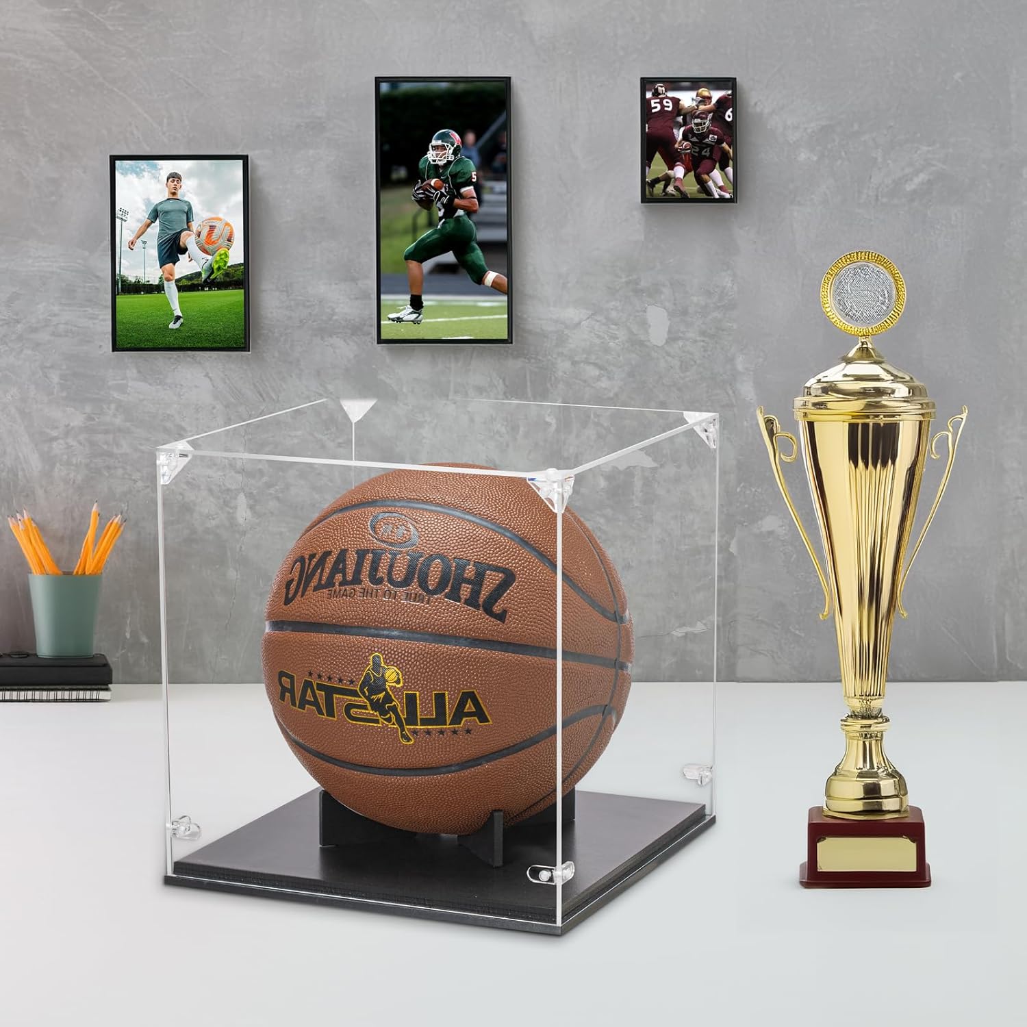 Basketball Display Case, Thickened UV Protection Clear Acrylic Lid Basketball Holder, Wooden Basketball Base Stand for Autographed Ball and Memorial Gift