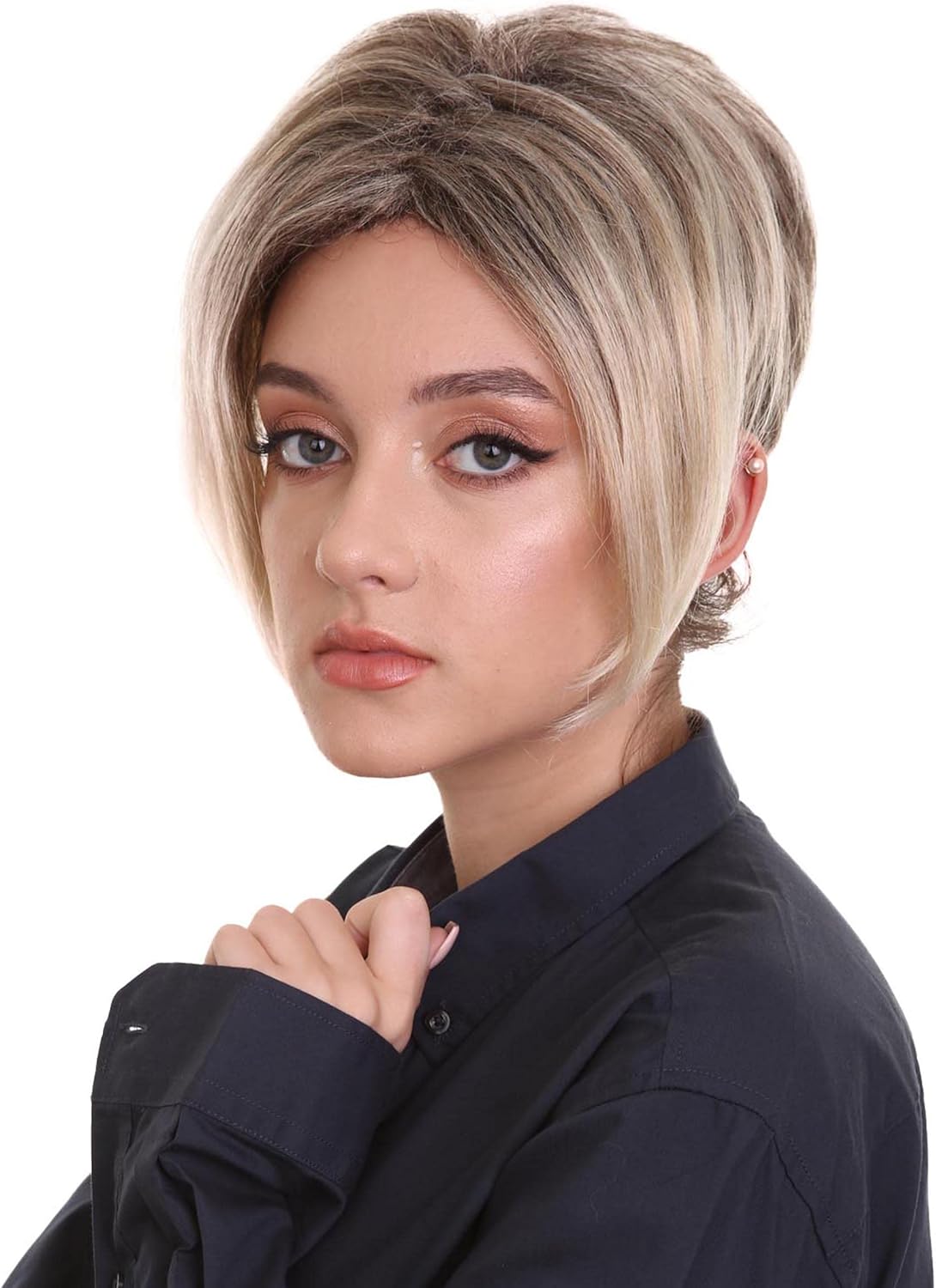 HPO Adult Women’s Karen Mom Dark Grey Color Pixie Cut Wig, Classic Minivan Mom Wig, Cosplay Halloween Costume Party, Breathable Capless Cap, Flame-retardant Synthetic Fiber