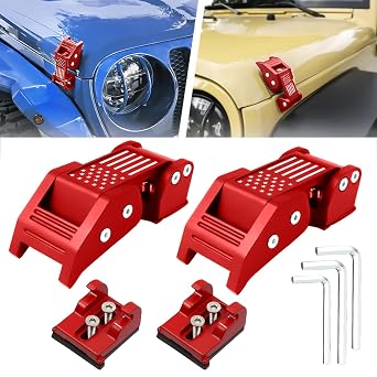 Hood Latches, Aluminum Hood Catch kit with U.S Flag Style Compatible with 2007-2018 Jeep Wrangler JK JKU Unlimited & 2018-2020 Jeep Wrangler JL JLU, Hood Catches Lock, Red