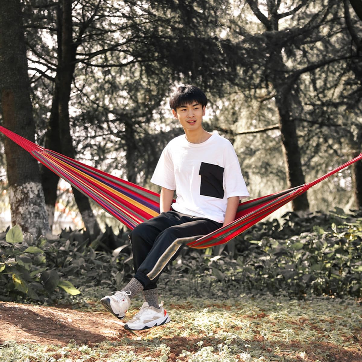 Single Camping Hammock Red Canvas Outdoor Swing Chair Thickened Leisure Hammock for Hiking Beach Picnic