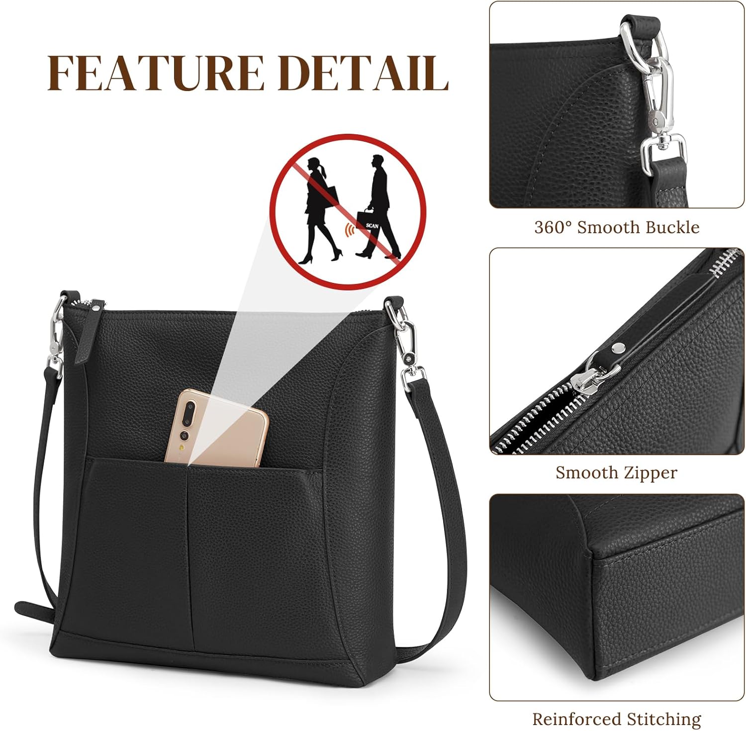 S-ZONE Leather Crossbody Bags for Women RFID Blocking Travel Purse Designer Shoulder Handbags Adjustable Strap - Image 5