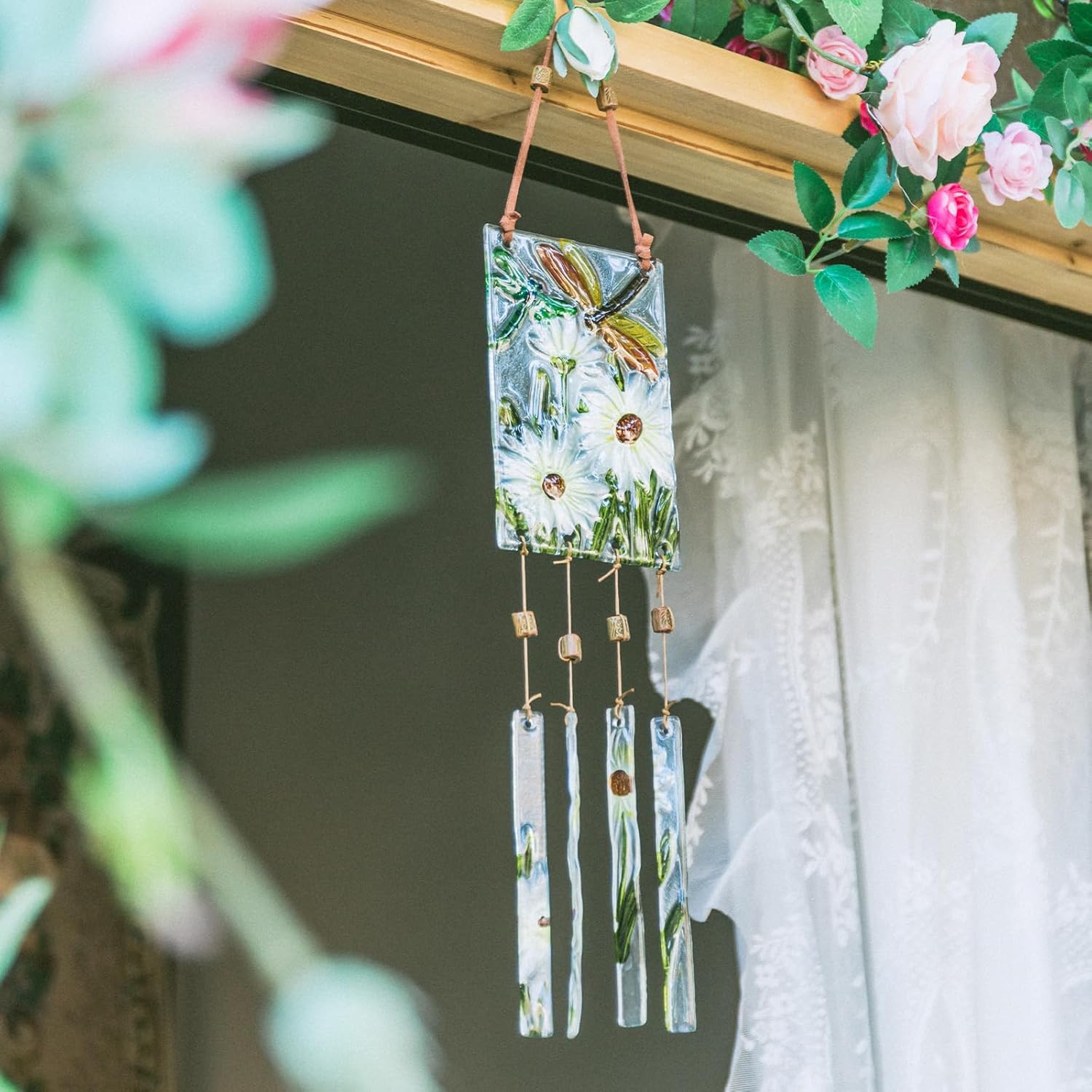 MUMTOP Wind Chimes for Outside-Wind Chimes Outdoor - Dragonfly and Daisy Colorful Stained Glass WindChimes Hanging Ornaments for Home Garden Decor - Image 6
