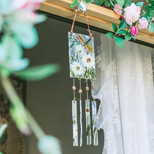 Miniatura 6 de MUMTOP Campanillas de viento para exteriores, campanillas de viento para exteriores, libélula y margarita, coloridos vitrales, adornos colgantes