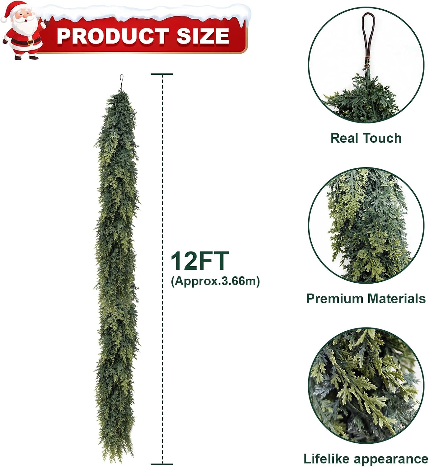 12FT Christmas Cedar Garlands Realistic, Real Touch Winter Xmas Garland, Christmas Decorations Indoor Outdoor, Artificial Holiday Decor Faux Greenery for Mantle, Fireplace, Table