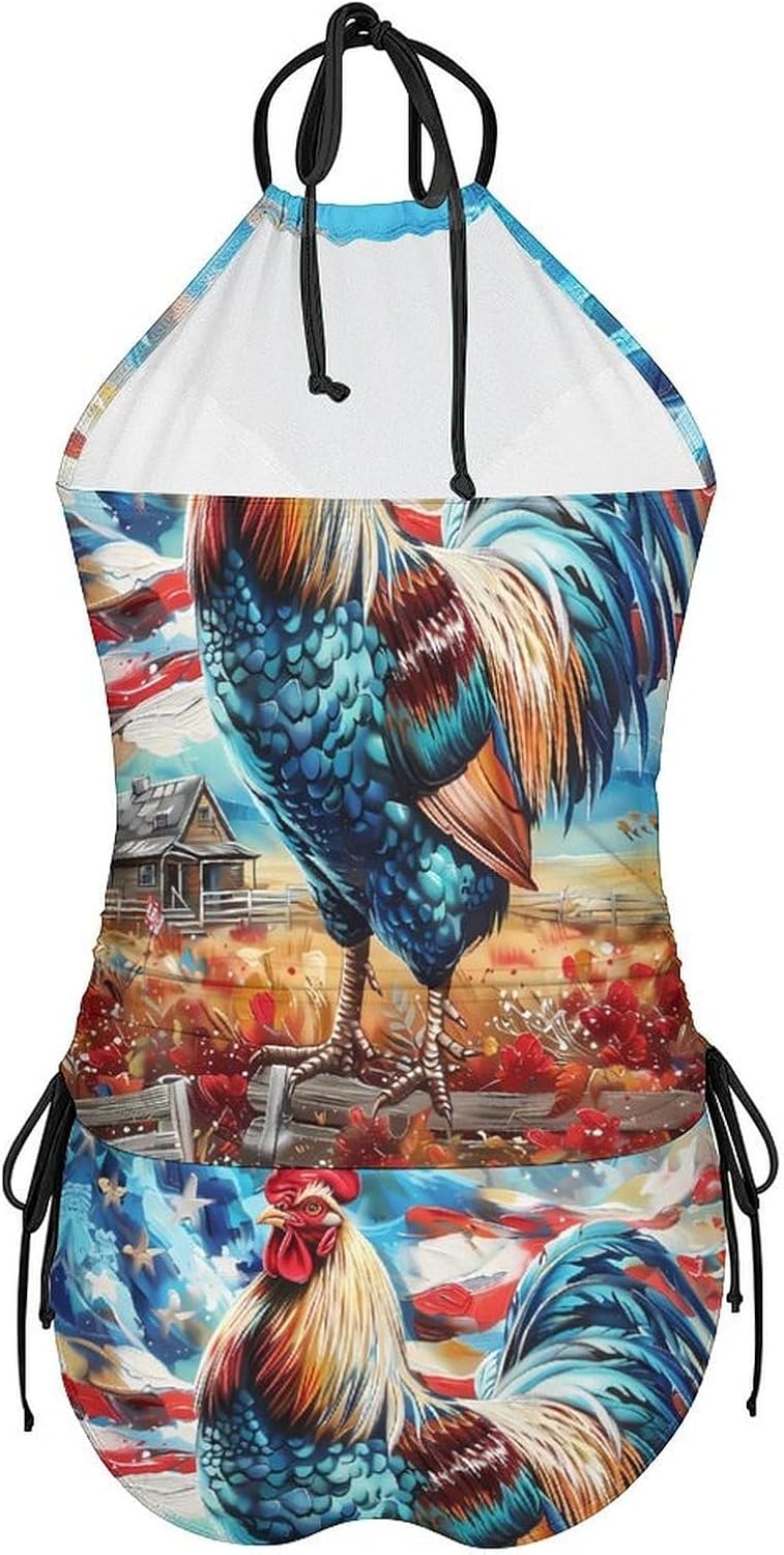 Colorful Rooster U.S. Flag Women's Tankini Swimsuit Two Piece Tummy Control Bathing Suits Tie String Swimwear
