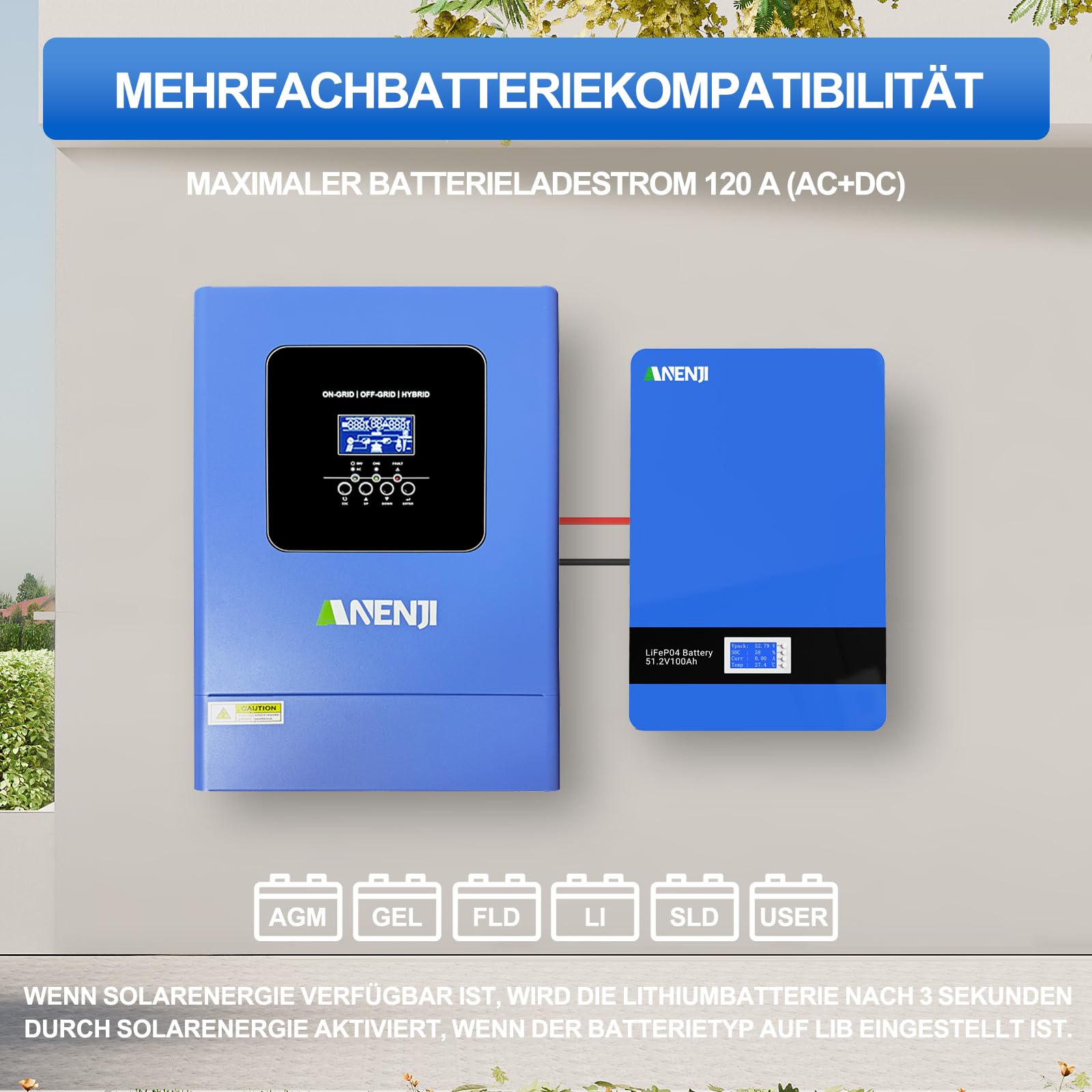 6200W Solar Hybrid Wechselrichter 48V 120A MPPT Parallelfunktion mit bis Arbeitet ohne Batterie, 6200W Solarwechselrichter Reiner Sinus 230V mit 500Vdc PV Eingang & WLAN,für Lithiumbatterien