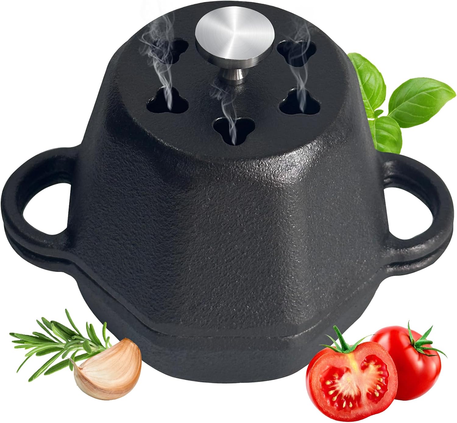 Mini Dutch Oven Pot & Cast Iron Smoker Garlic Roaster, Pre-Seasoned Cast-Iron Garlic Roaster with Lid, Garlic Confit Pot, Garlic Baker Garlic Cooker for Oven Grill Stove, Small Smoker Box