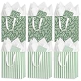 Beautiful Christma Gift Bags Set of 6 - Medium Sized with Light Green Stripe with sage Leaves. Matching Tissue Paper, Cards in Green - Reusable & For Presents of Any Birthday, Weddings, Baby Showers, Christma