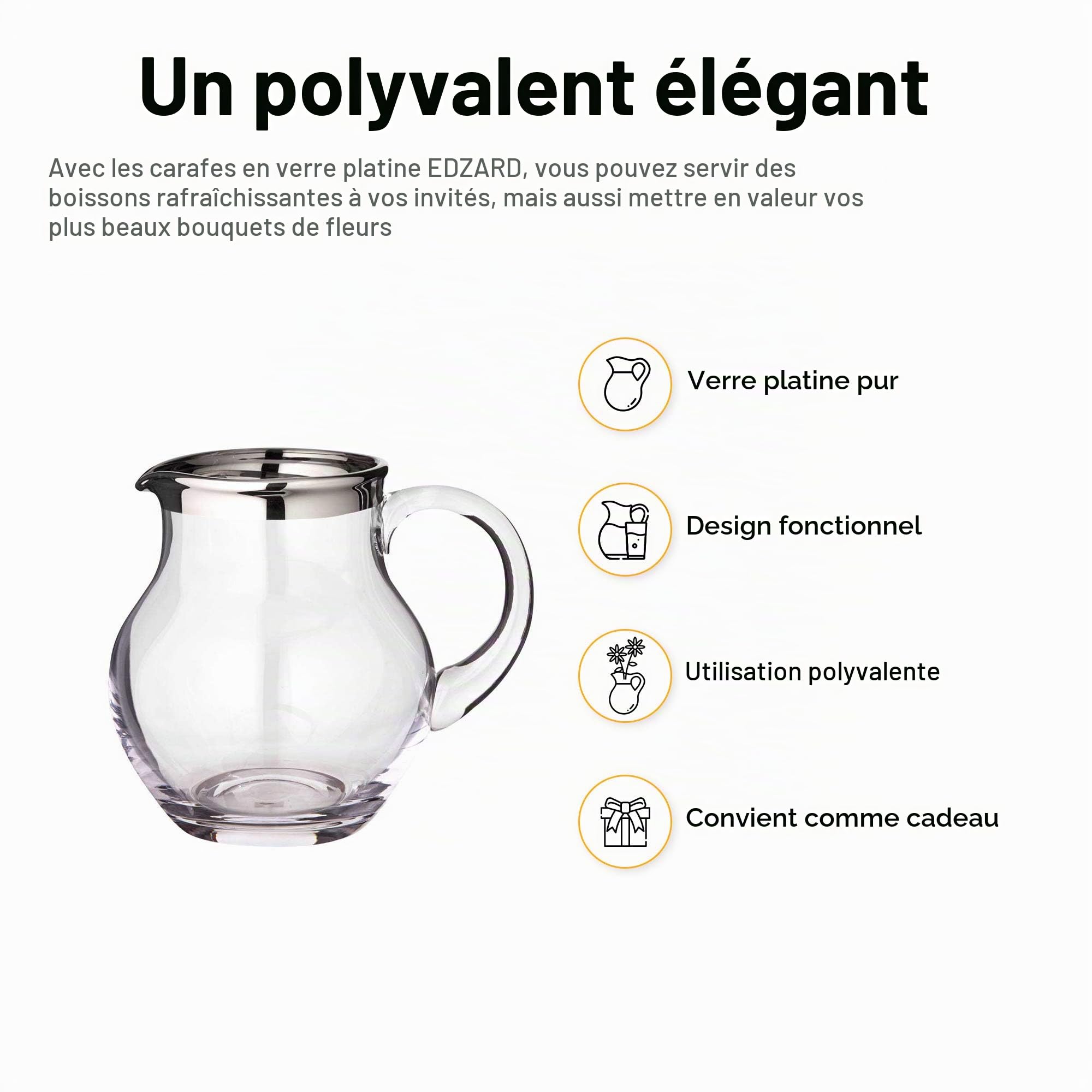 EDZARD Carafe en verre Olivia, verseuse en cristal fin avec bordure en platine, volume de remplissage 1,0 litre, hauteur 16 cm