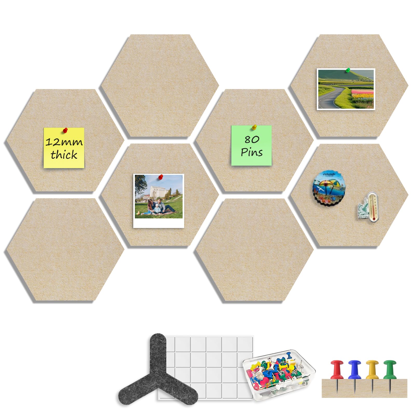Sliandtelly Felt Pin Boards for Bedroom, 8 Pack 12mm Thick Felt Notice Board for Wall | with Pins & Adhesive Tabs | Beige Corkboard | 22 x 19 cm Hexagon | Pin Note Memo Photo | Home Office Classroom