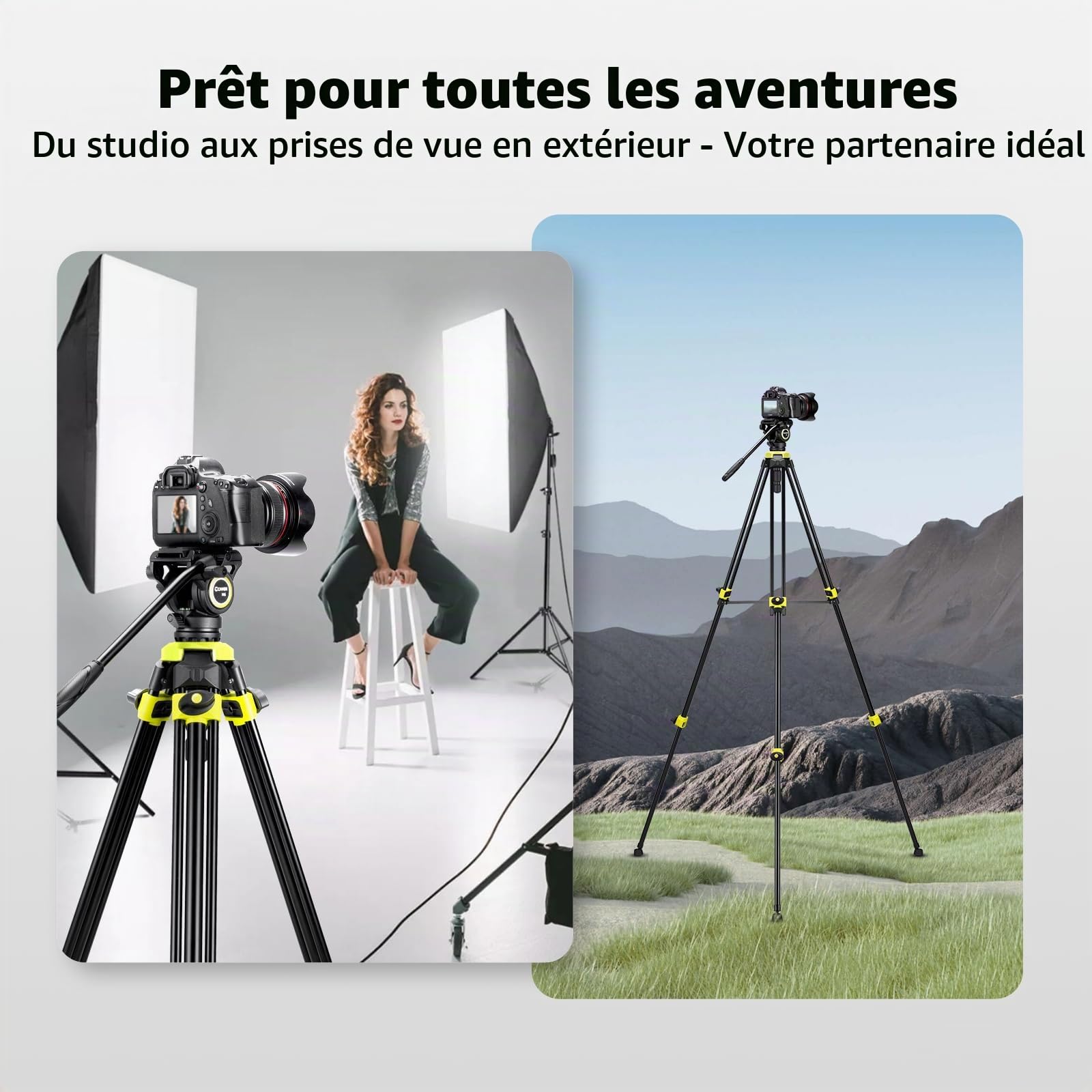 Cayer BV01 Trépied Video Compact avec Tête Fluide - 65" (165 cm) Léger en Aluminium pour Voyage, Tête 360°, Plaque Rapide et Charge Maxi 13.2 LB pour Reflex, Caméscope, Caméra
