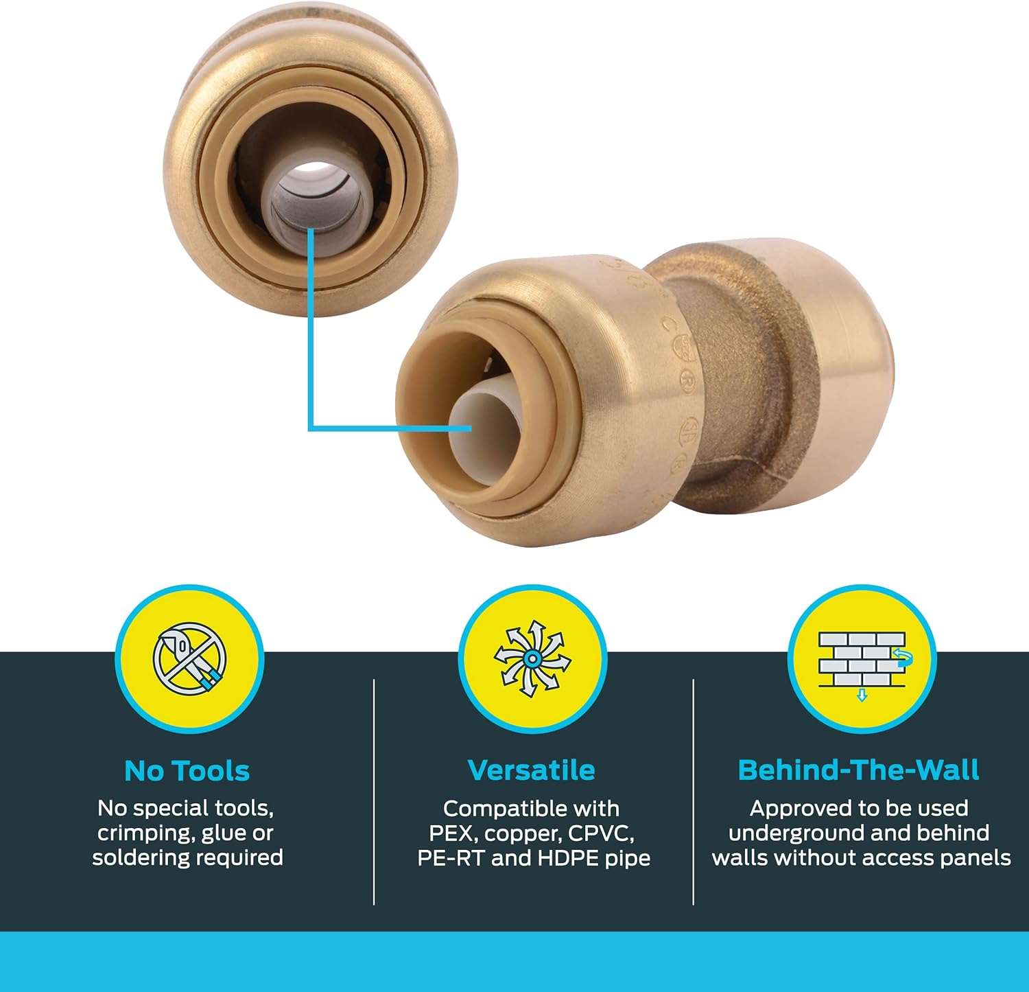 SharkBite 3/8 inch Coupling, Pack of 6, Push to Connect Brass Plumbing Fitting, PEX Pipe, Copper, CPVC, PE-RT, HDPE, U006LF