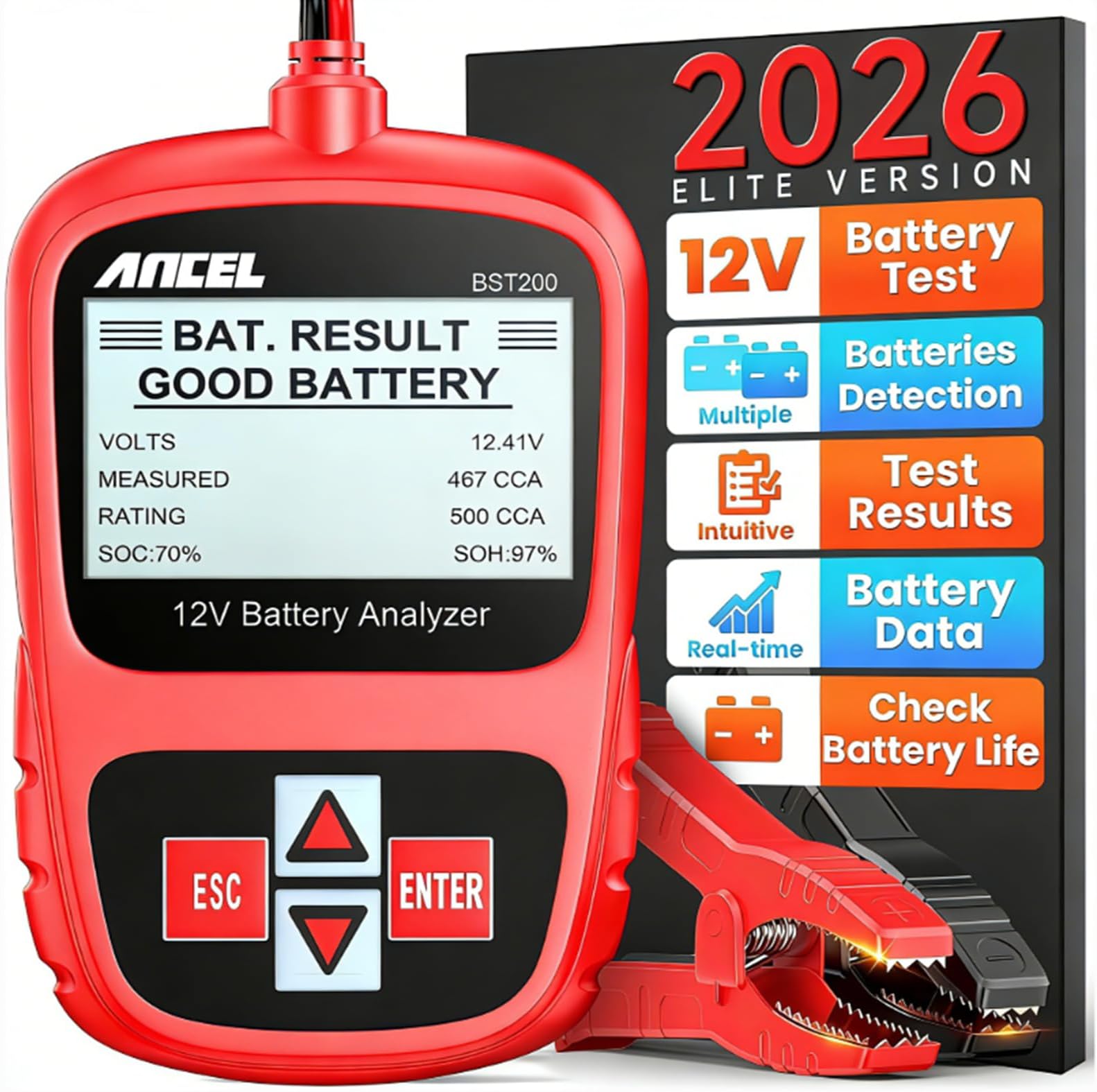 BST200 Car Battery Tester 12V Battery Load Tester, 100-1100 CCA Automotive Digital Analyzer Tool with Upgraded Reinforced Clamps for Car Truck SUV Motorcycle Boat Marine Vehicles