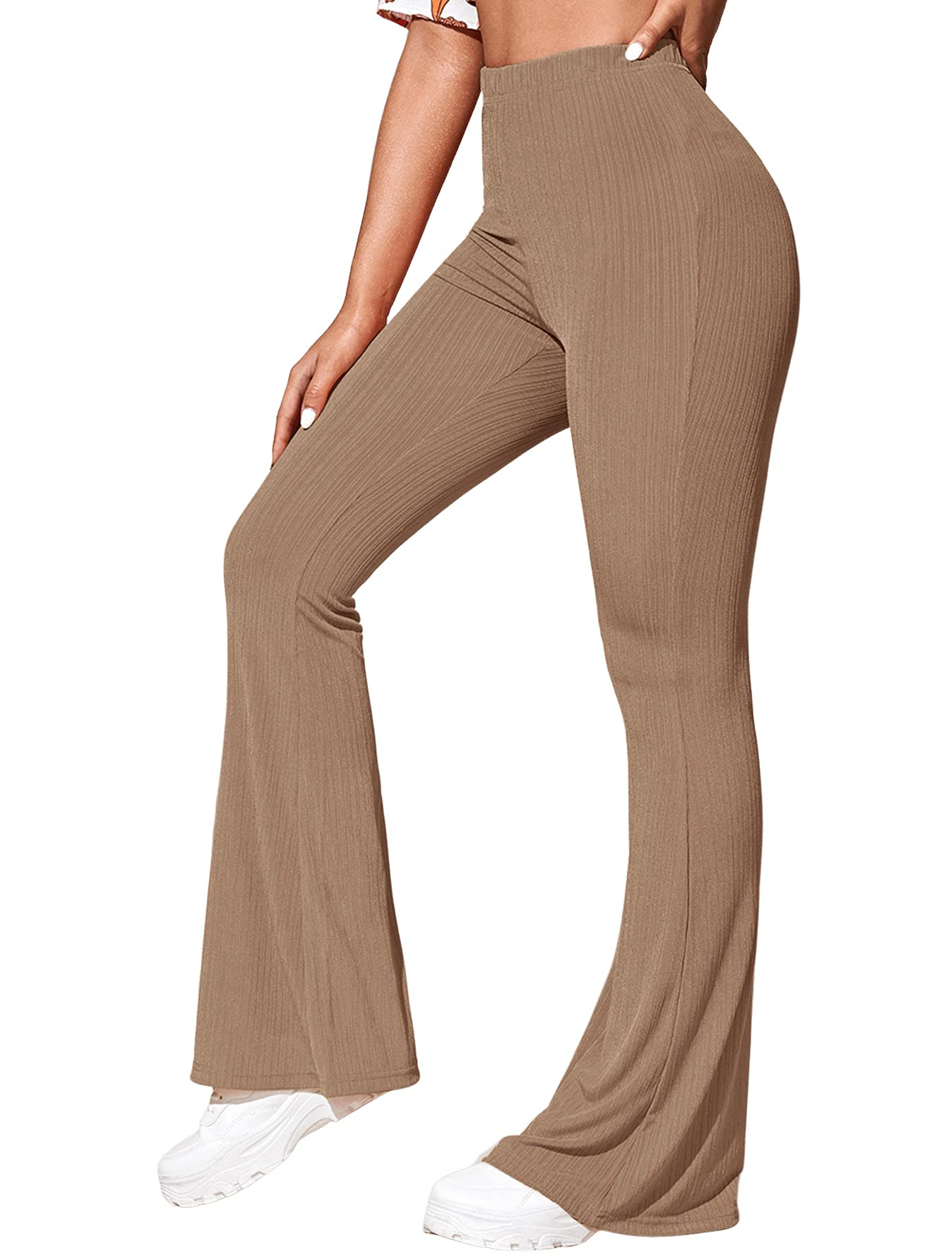 SweatyRocks Women's Elastic High Waist Flared Bell Bottom Ribbed Knit