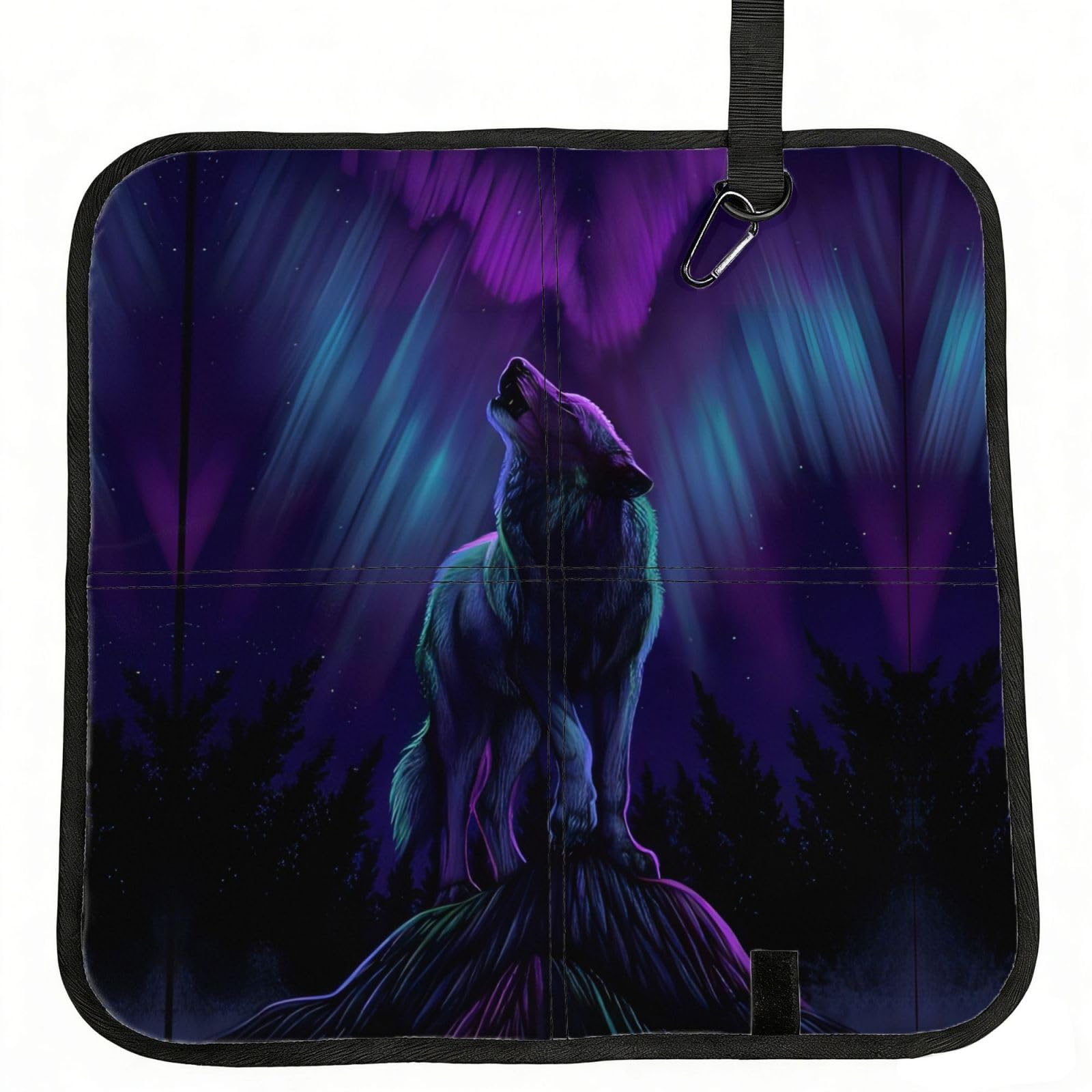 WBQLSL Wolves Howl in the Northern Lights Foldable Seat Cushion - Portable Stadium Pad with Carabiner for Camping Hiking Picnic Beach