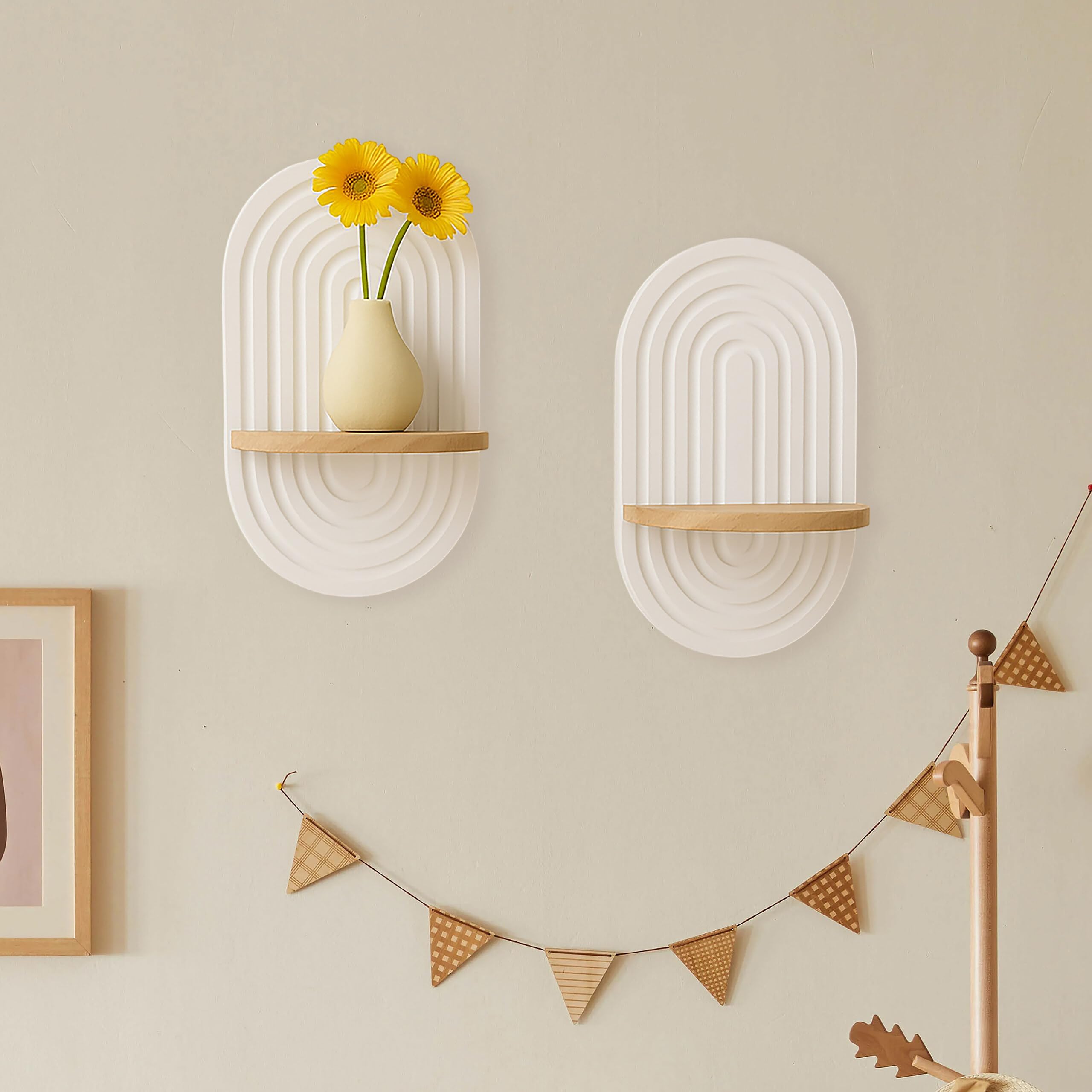 Relaxdays Estantería de Pared 2 uds Estilo Boho para Pasillo y salón, 33x20x15 cm, MDF y Madera, Blanco/Natural