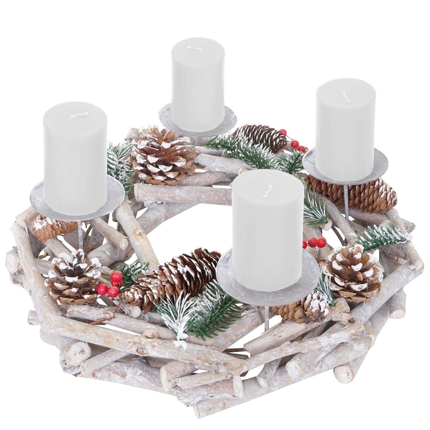 Couronne de l'avent, Bois, Rond Ø 35cm, Blanc-Gris - Bougies Blanches