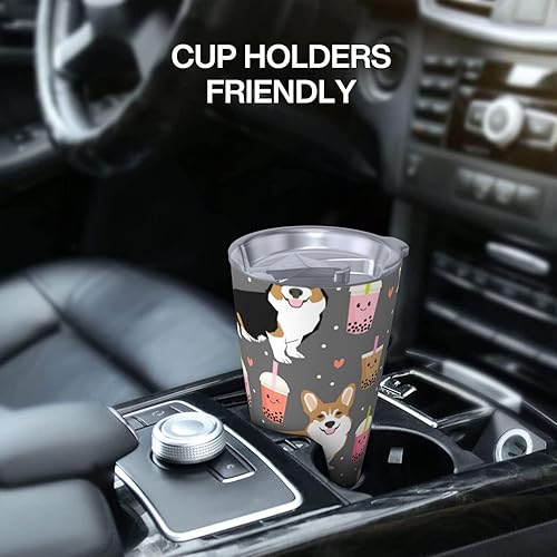 Miniatura 6 de Vaso de acero inoxidable de 20 onzas con tapa con aislamiento al vacío, lindo vaso de automóvil aislado de Corgi para viajes, taza de café con