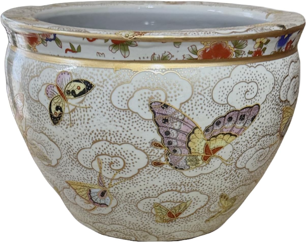 New 8" Oriental Colorful Butterfly Butterflies Themed Fish Bowl Jardiniere Planter Plant Pot