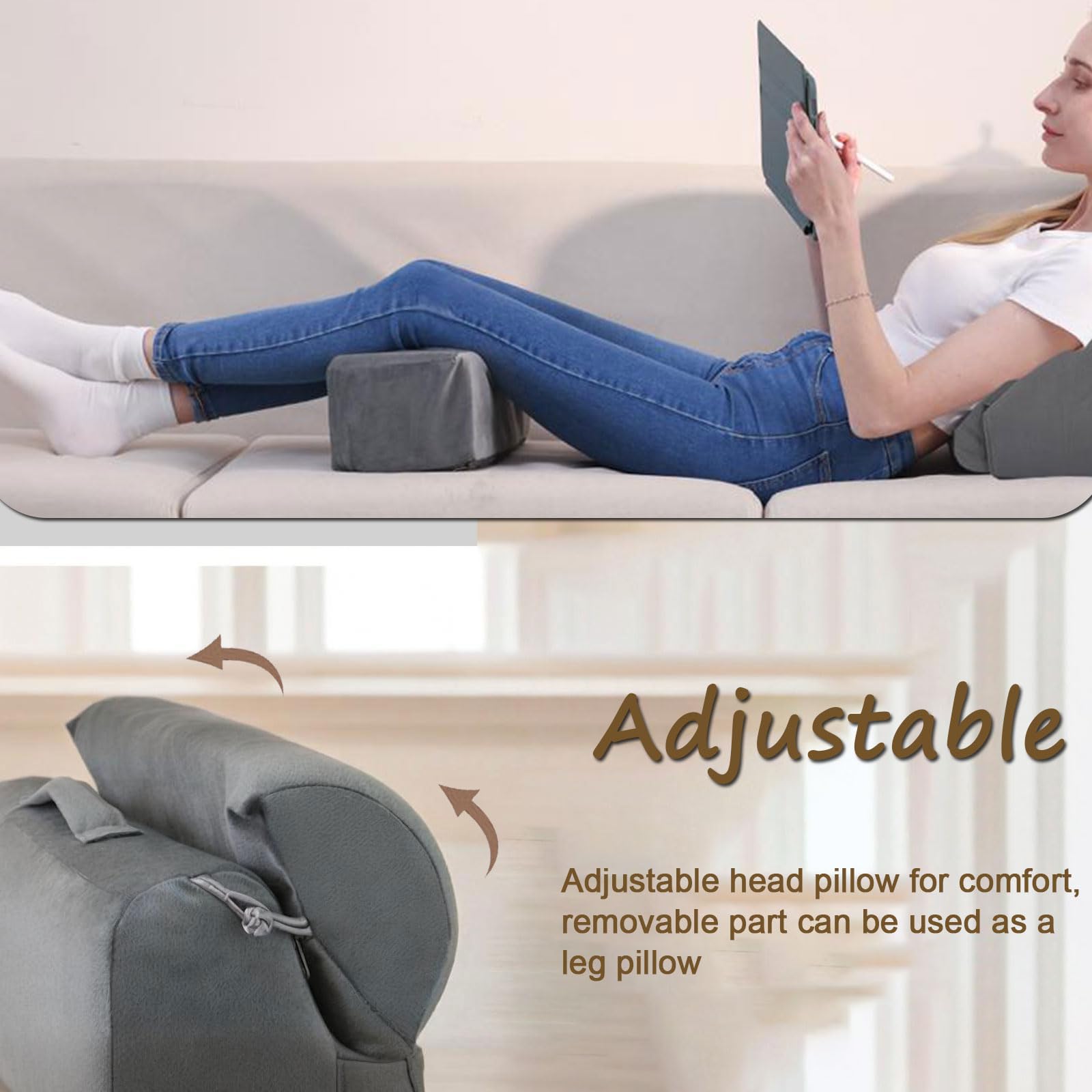 Almohada Lectura Cama, Cojín con Respaldo Apoyo Lumbar, con Soporte para Brazos y Bolsillos, Grande Cojín para la Espalda, Cojin Respaldo para Trabajar, Leer o Jugar en la Cama Sofá Suelo (GR)