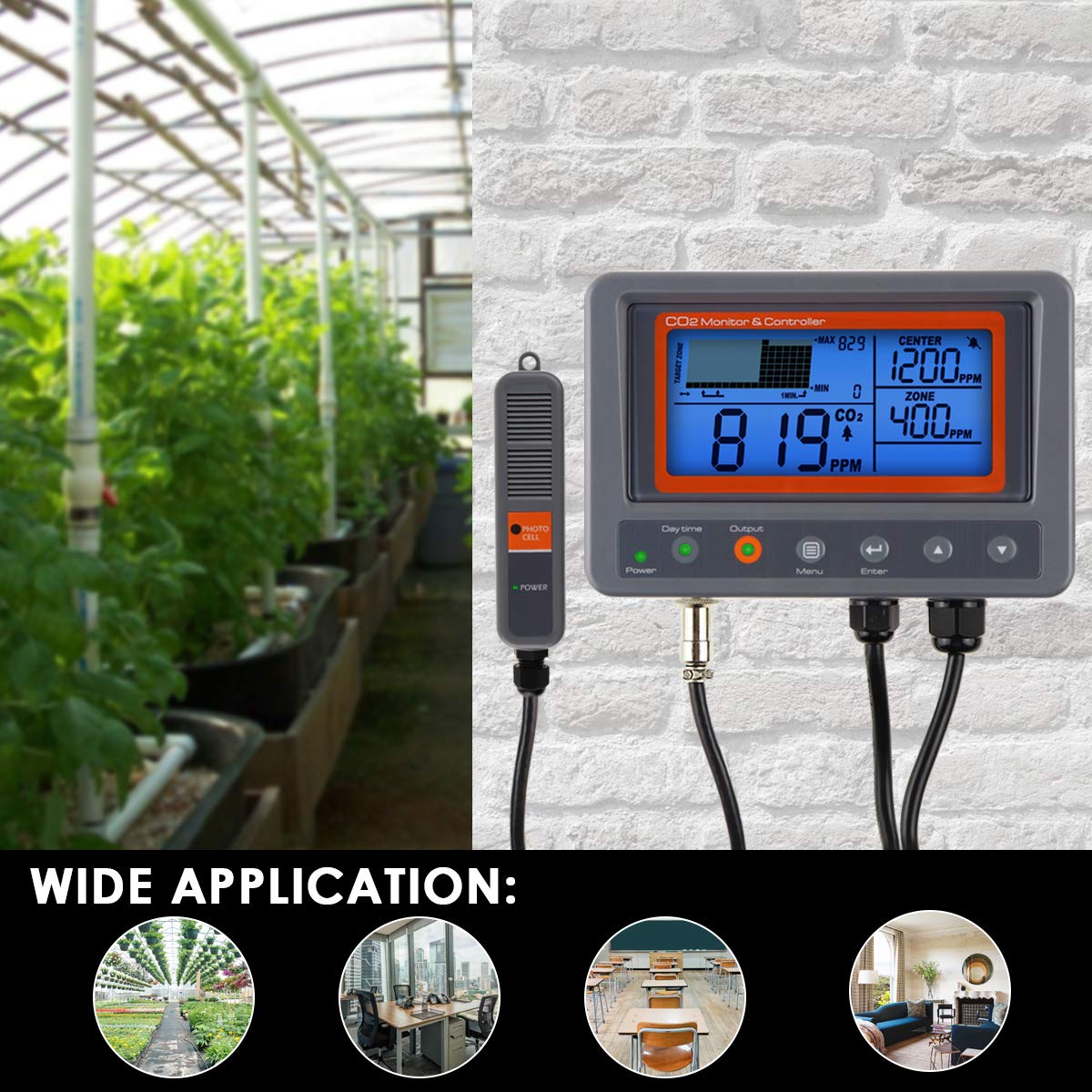 Controlador de CO2 con Sensor NDIR, Monitor de Calidad del Aire y Función de Relé Día/Noche. Ideal para Invernaderos, Grow Rooms, Jardines y Hogar.