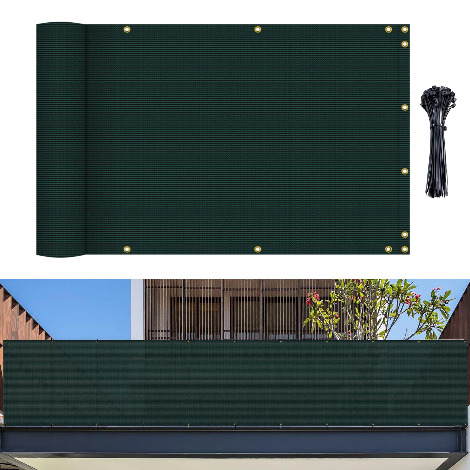 3' x 15' Balcony Privacy Screen Apartment Deck Railing Fence Lattice Panels for Outside, UV Block Shade Cloth with Grommets, Mesh Fencing Cover for Patio Backyard Porch, Green