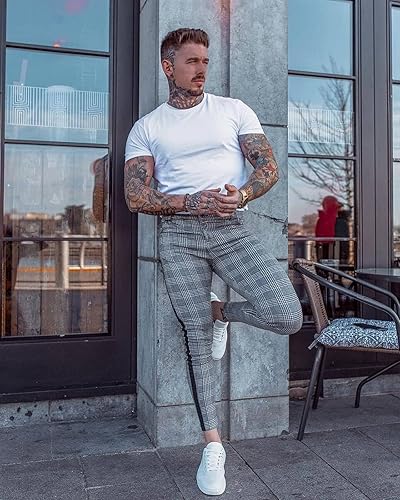 Miniatura 4 de CANGHPGIN Pantalones de vestir elásticos para hombre, corte ajustado, parte delantera plana, pantalones casuales cónicos