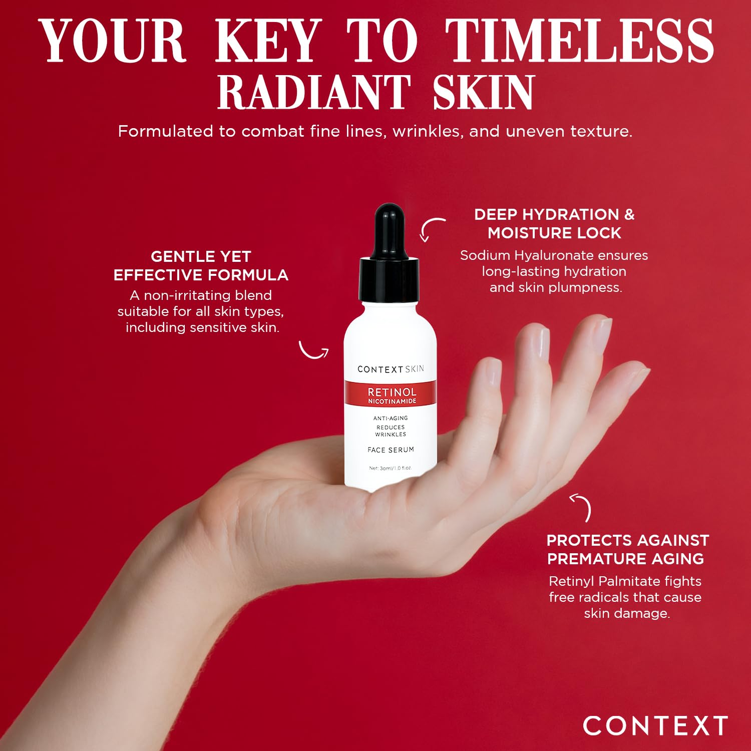 Context Skin Retinol Face Serum – Retinol Serum for Face Anti Aging, Anti-Wrinkle Formula to Smooth Fine Lines, Enhance Firmness & Restore Radiance, Hydrating Night Treatment for Even Skin - 1 Fl oz - Image 4