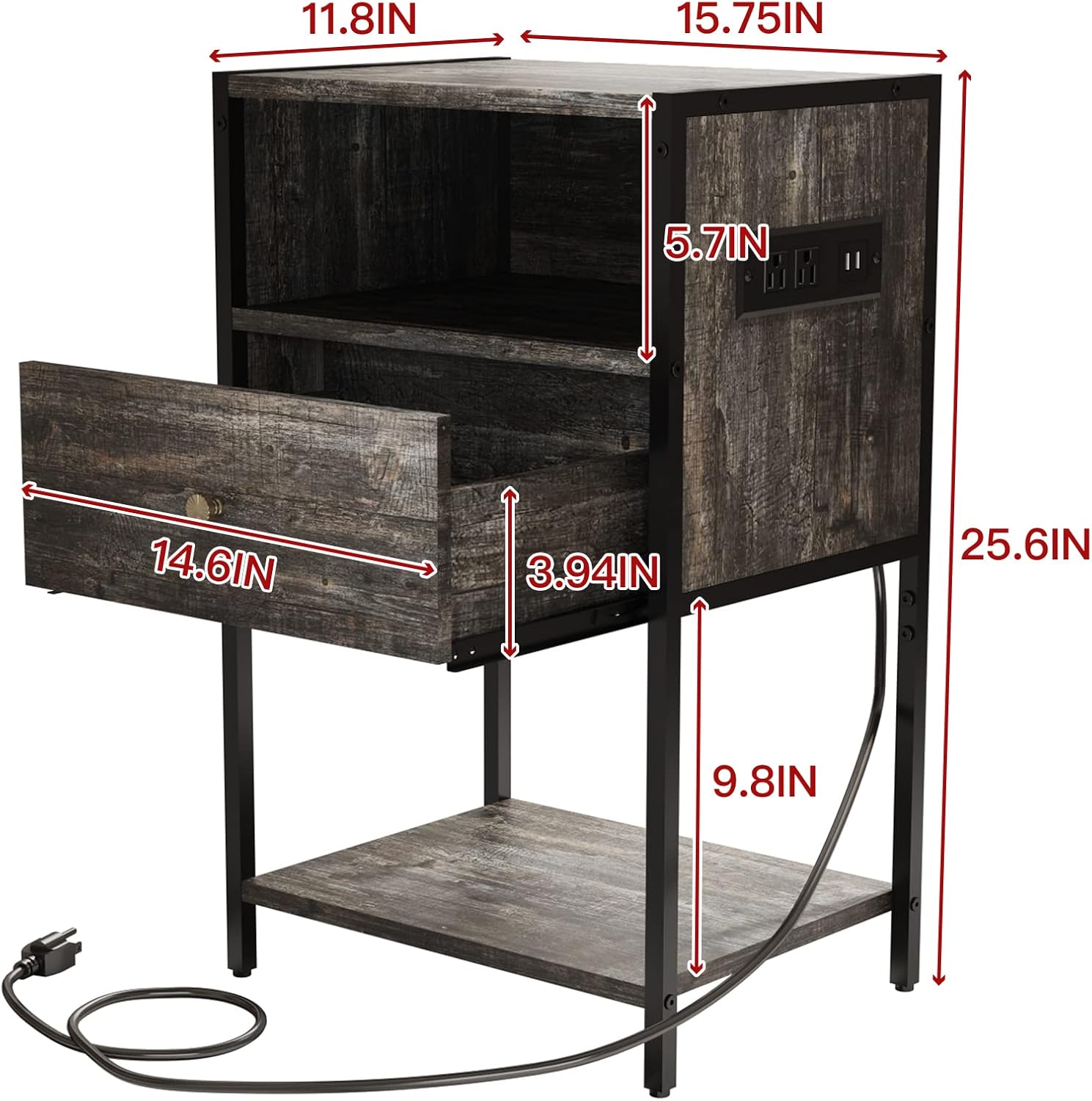 LDTTCUK Nightstand with Charging Station, Modern End Table with Drawer, Bedside Table with Open Storage for Bedroom, Retro Grey