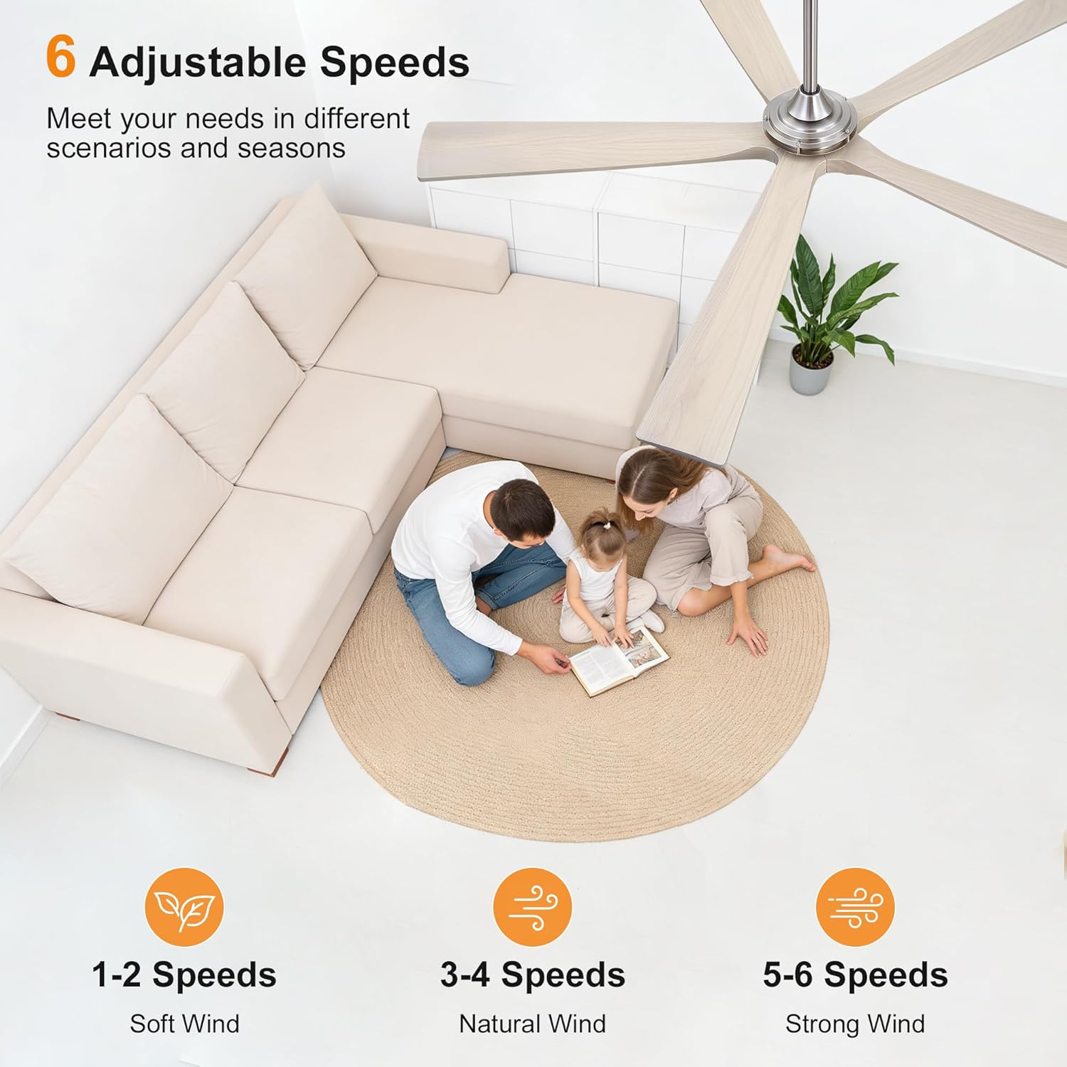 WINGBO 60 Inch Ceiling Fan without Light - 5 Carved Solid Wood Blades, 6-Speed Reversible DC Motor, Noiseless Remote Control Ceiling Fan No Light for Bedroom Living Room Kitchen, Nickel and Ash Wood