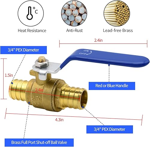 Miniatura 2 de 4 válvulas de bola PEX, válvula de bola de cierre de puerto completo de latón PEX de 34 pulgadas, válvula de bola de cierre de puerto completo de
