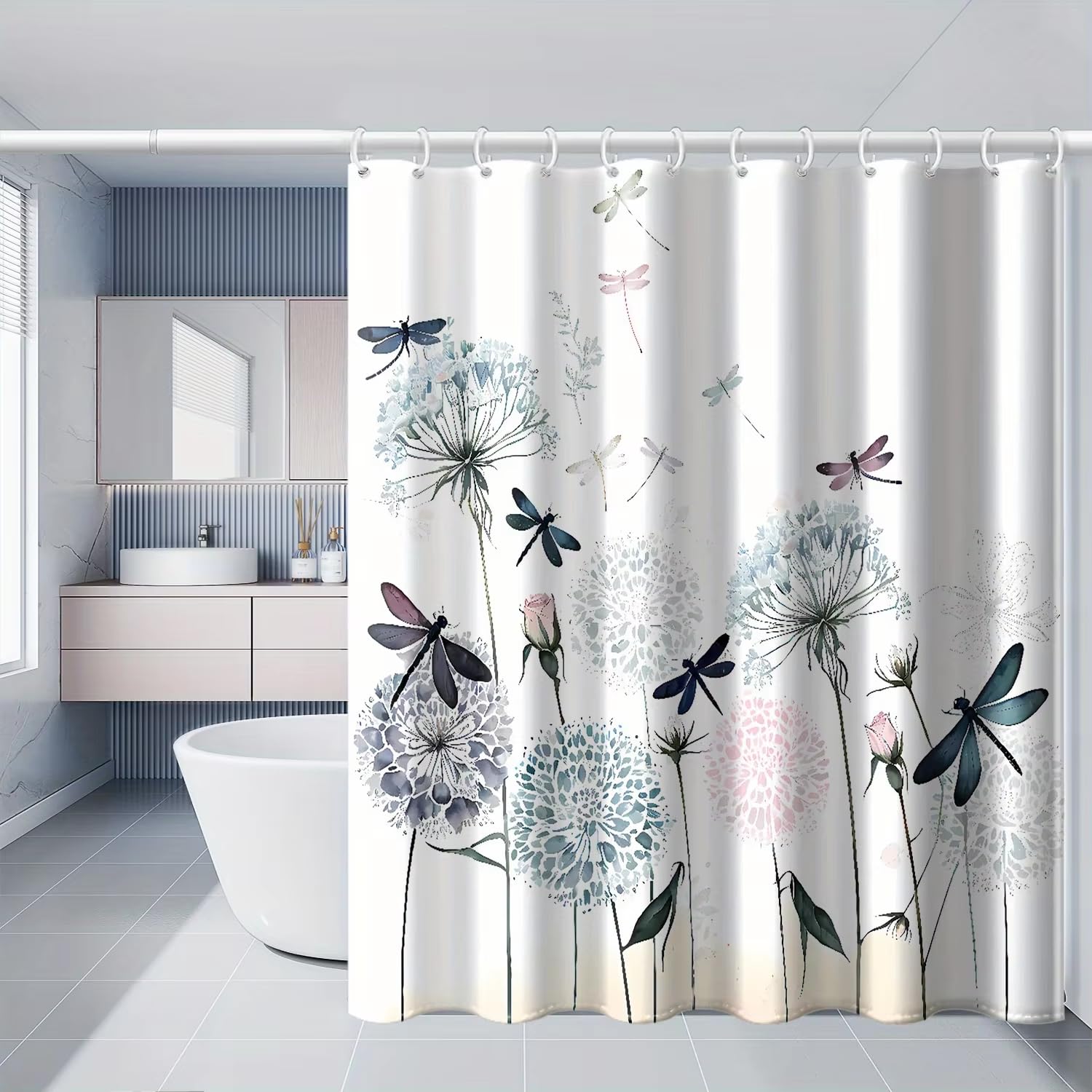 GFRYIIO Dragonfly and Flower Shower Curtain Waterproof Mould Proof Mildew Resistan Water Repellant Fabric With Hooks for Hotel Bath Tub Shower Stall 90x180cm/35x71in(WxH)