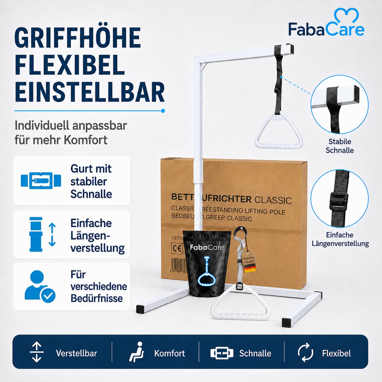 FabaCare Bettgalgen freistehend bis 130 kg Körpergewicht Zwei Griffen, Zusatzgriff | mobiler Galgen für normales Bett | Aufrichthilfe, Bettgriff, Bettaufrichter mit Trapezgriff