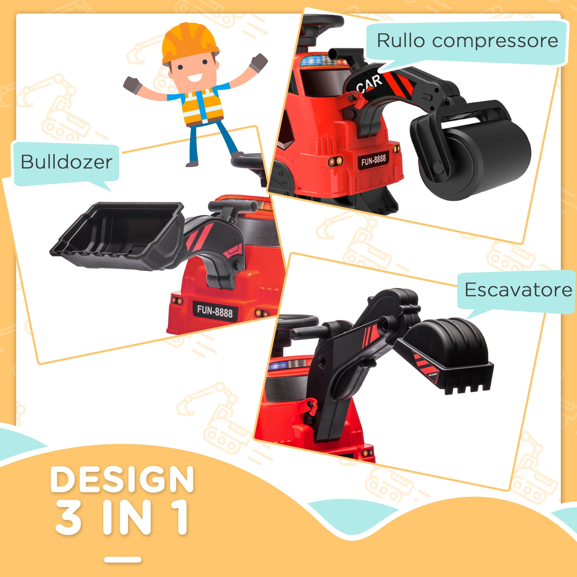 HOMCOM Ruspa Giocattolo con Volante e Benna di Scavo, 3 in 1 Macchina Cavalcabile per Bambini da 18 Mesi-2 Anni, 100x43x48.5 cm, Rosso