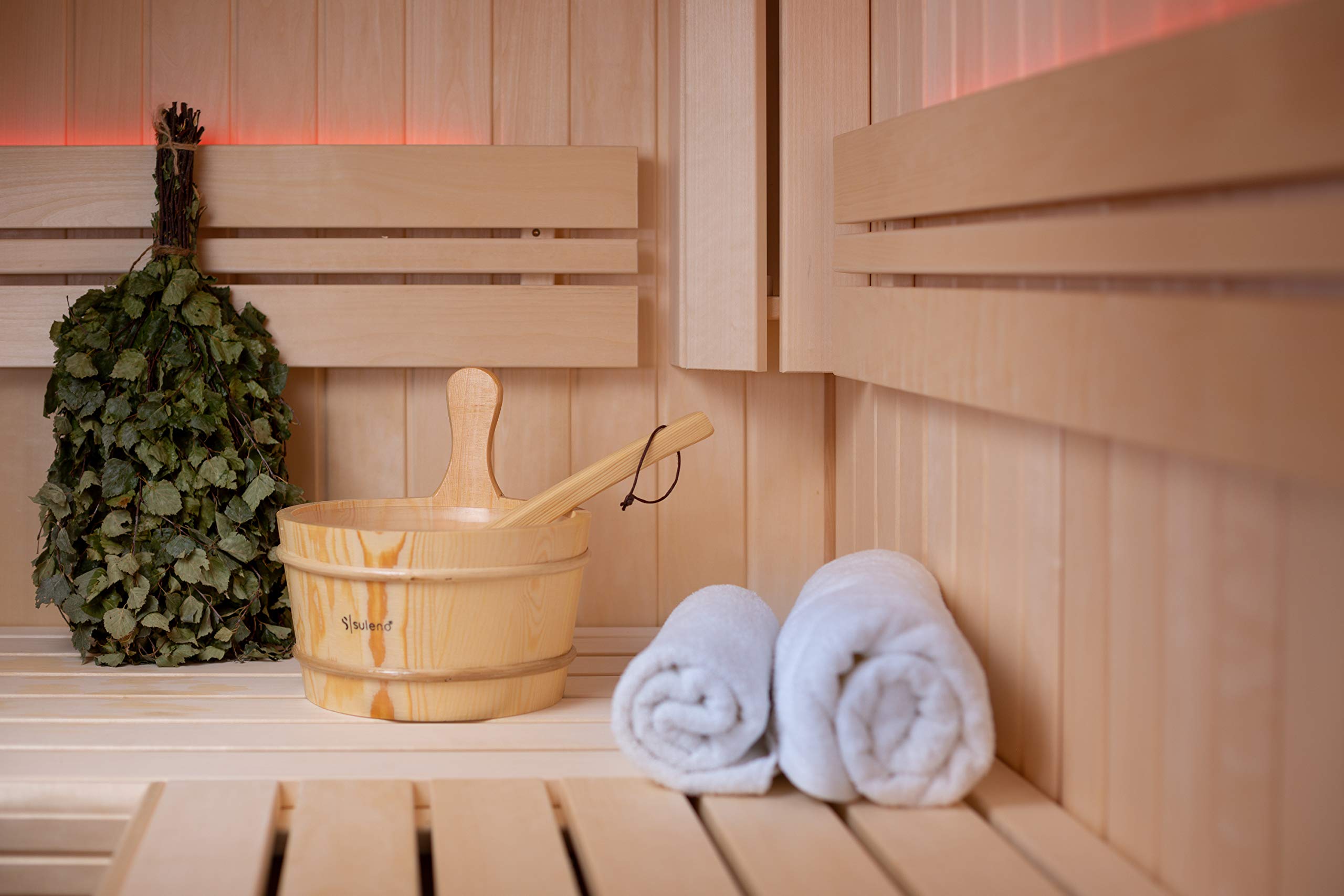SULENO Sauna Set 3-teilig Saunazubehör Saunakübel Aufgusskelle Eimer mit | Kelle 4 Liter, Saunaeimer, Saunaaufguss