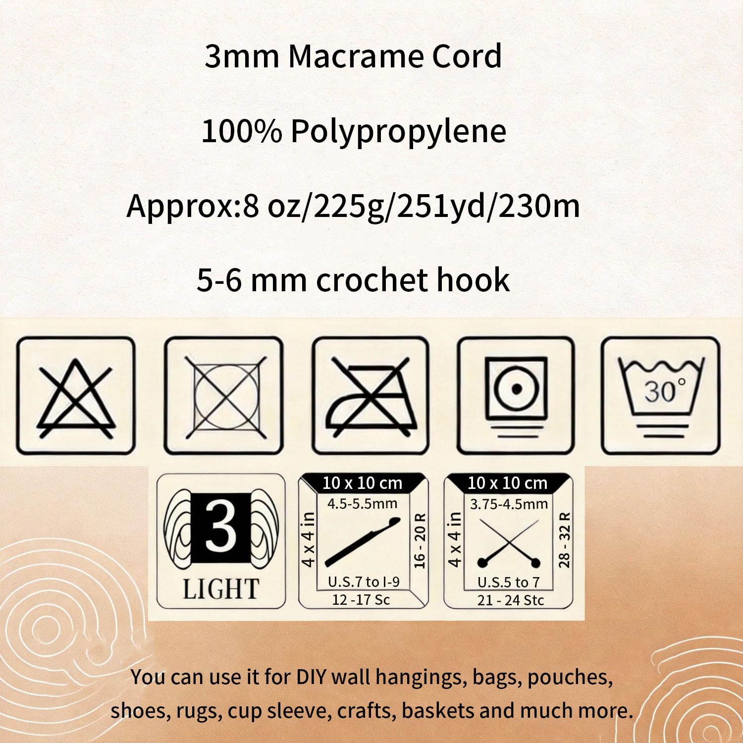 Polyester Macrame Cord 3mm x 251 Yards, Braided Crochet Yarn, Polypropylene Rope Crochet Bag Cord for Wall Hangings, Bag, Plant Hangers, Hats, Underplate, DIY Crafts, Gift for Knitter - 4