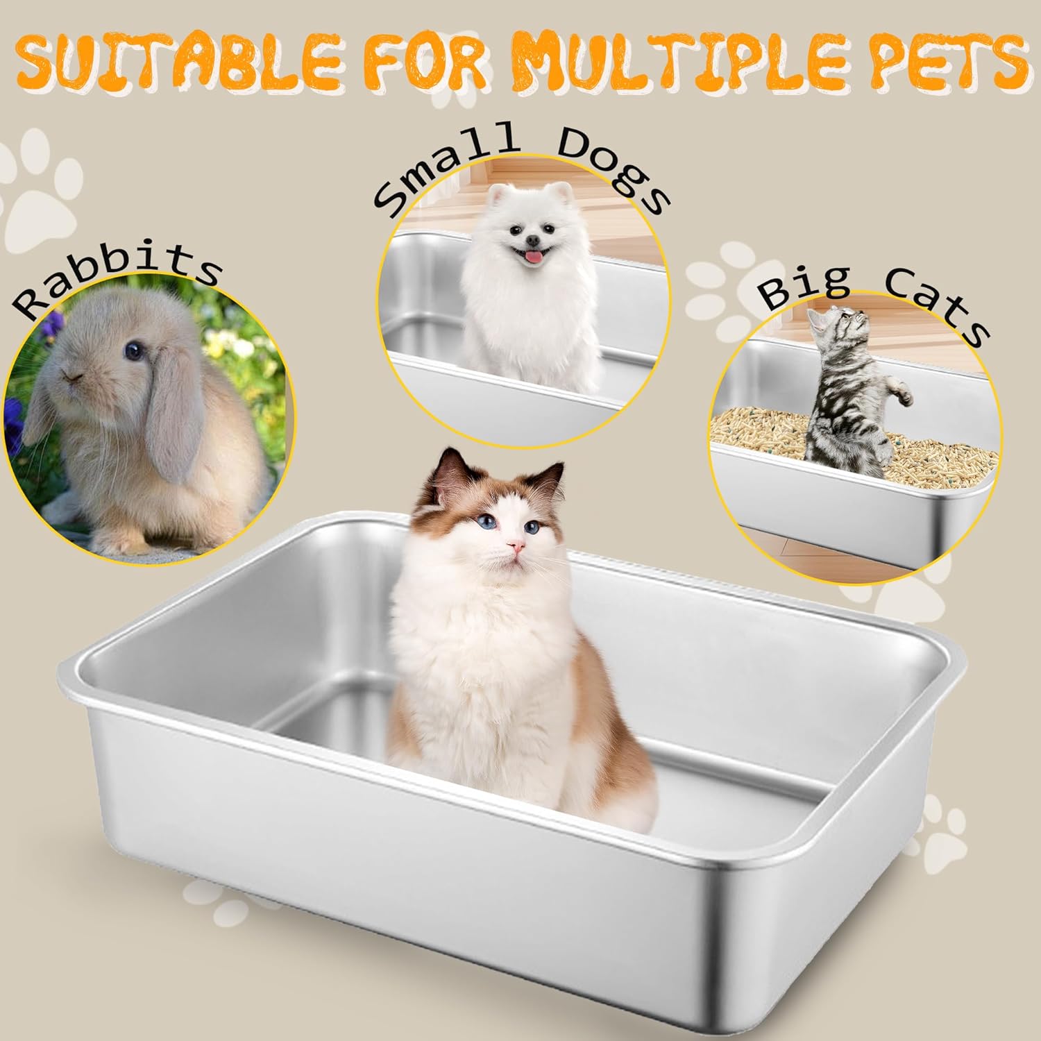 2 Pack Stainless Steel Cat Litter Box, 19.7"×13.8"×6" Metal Litter Pan, Big Litter Box for Multiple Cats, Easy Cleaning