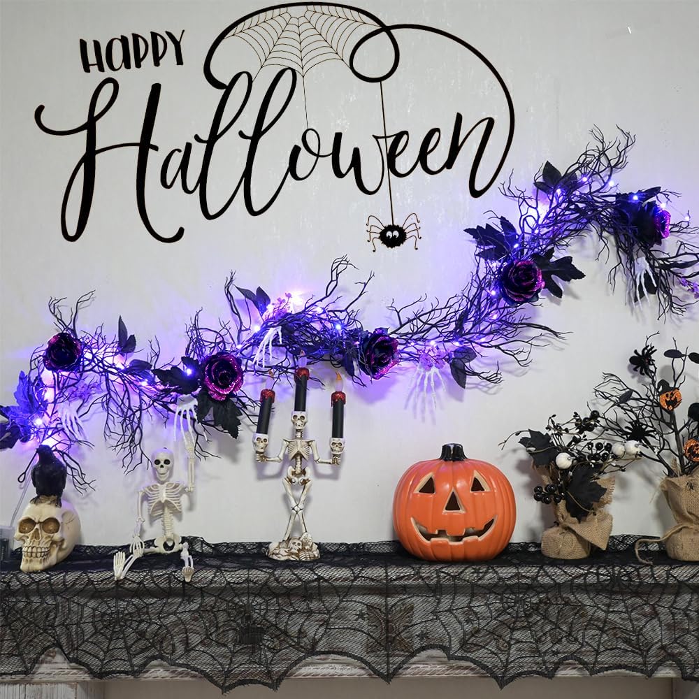 6 FT Lighted Halloween Garland, Gothic Purple Glitter Rose Black Twig Vine with Skeleton Hands, Battery Powered Auto Timer LED Lights for Table Mantel Haunted House Decor