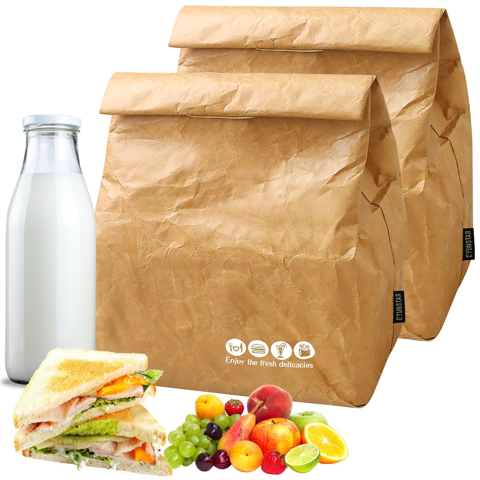 2 Pack Reusable Insulated Brown Paper Lunch Bags - 10" x 8" x 4.3", Retro Lunch Sacks for Work, Office, and Outdoors